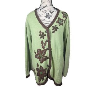 Vintage Storybook Knits Green Floral Knit Button Front Embroidered Cardigan 1X